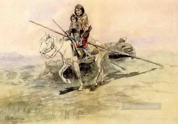 アメリカインディアン Painting - 子供と一緒に馬に乗るインディアン 1901 チャールズ マリオン ラッセル アメリカのインディアン